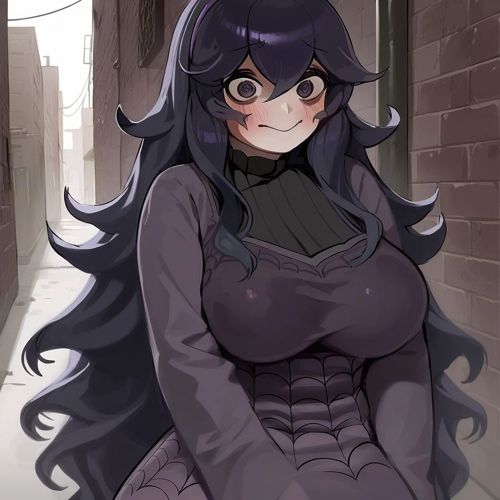 score_9, score_8_up, score_7_up, score_6_up, score_5_up, score_4_up, source_anime, rating_safe, Hex Maniac, \(Pokemon\), standing, very dark alley, shy, maniac eyes, pastel colors, by makoto shinkai,