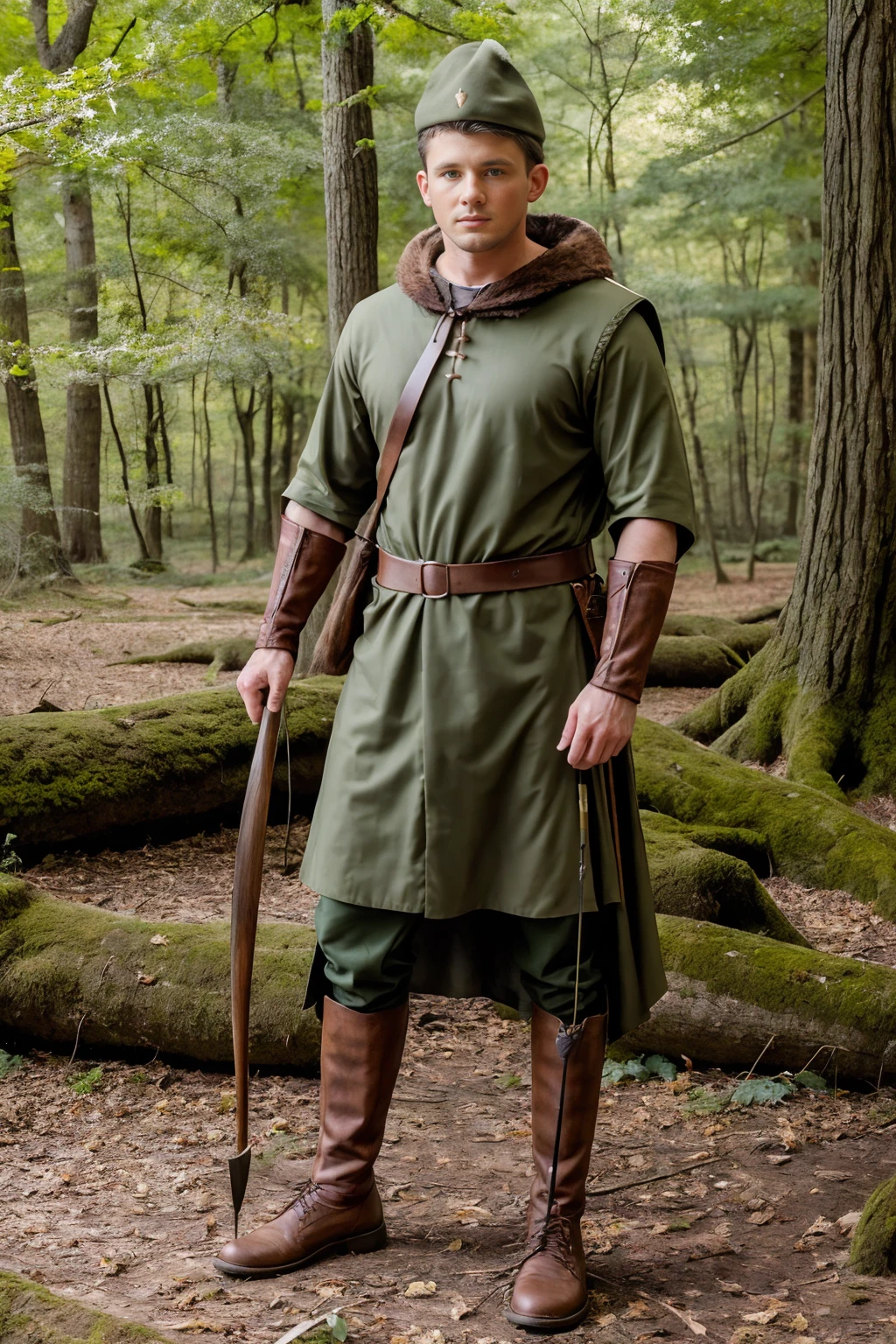 forest of oak trees, deciduous forest, BarrettLong is dressed as Robin Hood, bowman tunic, bycocket hat with feather, quiver of arrows, (full body portrait:1.3), wide angle  <lora:BarrettLong:0.8>