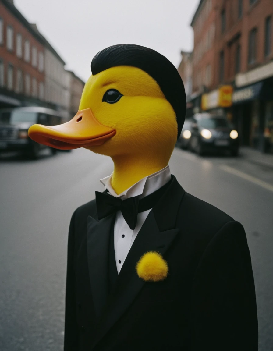 photograph a man posing for a picture in the street, close shot, portrait, wearing tuxedo black suit with a yellow duck drawn on it, 50mm . cinematic 4k epic detailed 4k epic detailed photograph shot on kodak detailed cinematic hbo dark moody, 35mm photo, grainy, vignette, vintage, Kodachrome, Lomography, stained, highly detailed, found footage, a man posing for a picture in the street, close shot, portrait, wearing tuxedo black suit with a yellow duck drawn on it, highly detailed, cinematic, professional, sincere, warm colors, calm, friendly, glowing, real, rich dramatic deep expressive emotional beautiful colorful intricate elegant pretty gorgeous cute sharp focus attractive perfect detail lovely pleasing great color composition nice background, neat