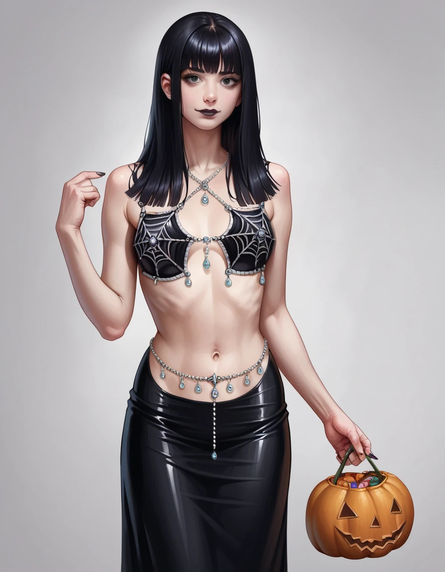 score_9, score_8_up, score_7_up, score_6_up, score_5_up, score_4_up, source_anime, 1girl, solo, long black hair, bangs, gothic lipstick, hud_w3b, spiderweb bra, jewelry, navel, latex, gem, belly chain, skirt lift,  <lora:hud_w3b_XLP:0.7>, light smile, pumpkin bag, trick or treat, night sky, realistic