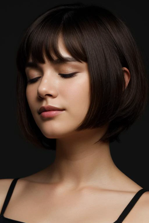 face closeup,closed eyes,beautiful girl,brunette,short hair,curly bob cut,dark theme, detailed skin, empty background