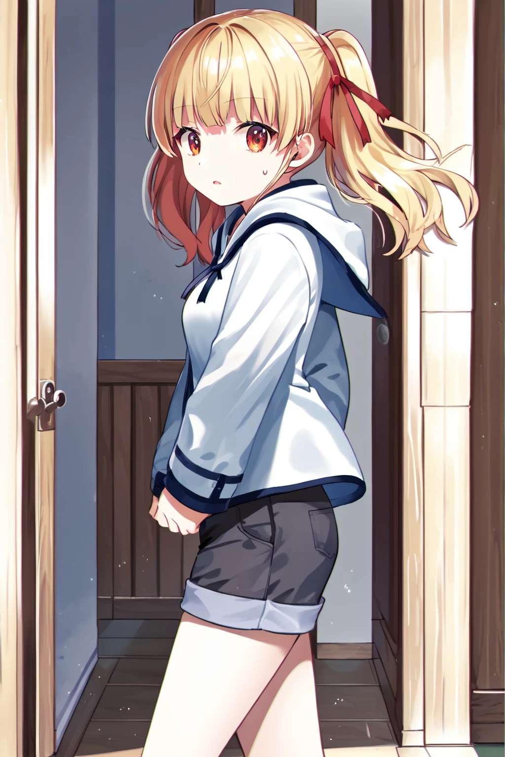 score_9, score_8_up, score_7_up, score_6_up, rating_safe, source_anime, best quality, masterpiece, detailed background, cowboy shot, indoors, walking, surprised, open mouth, white hoodie, black shorts, sweat drop, from side view, nervous, looking at viewer, <lora:yusa-xl-05:1.2>, yusa, blonde hair, medium breasts, twintails, red_hair_ribbons