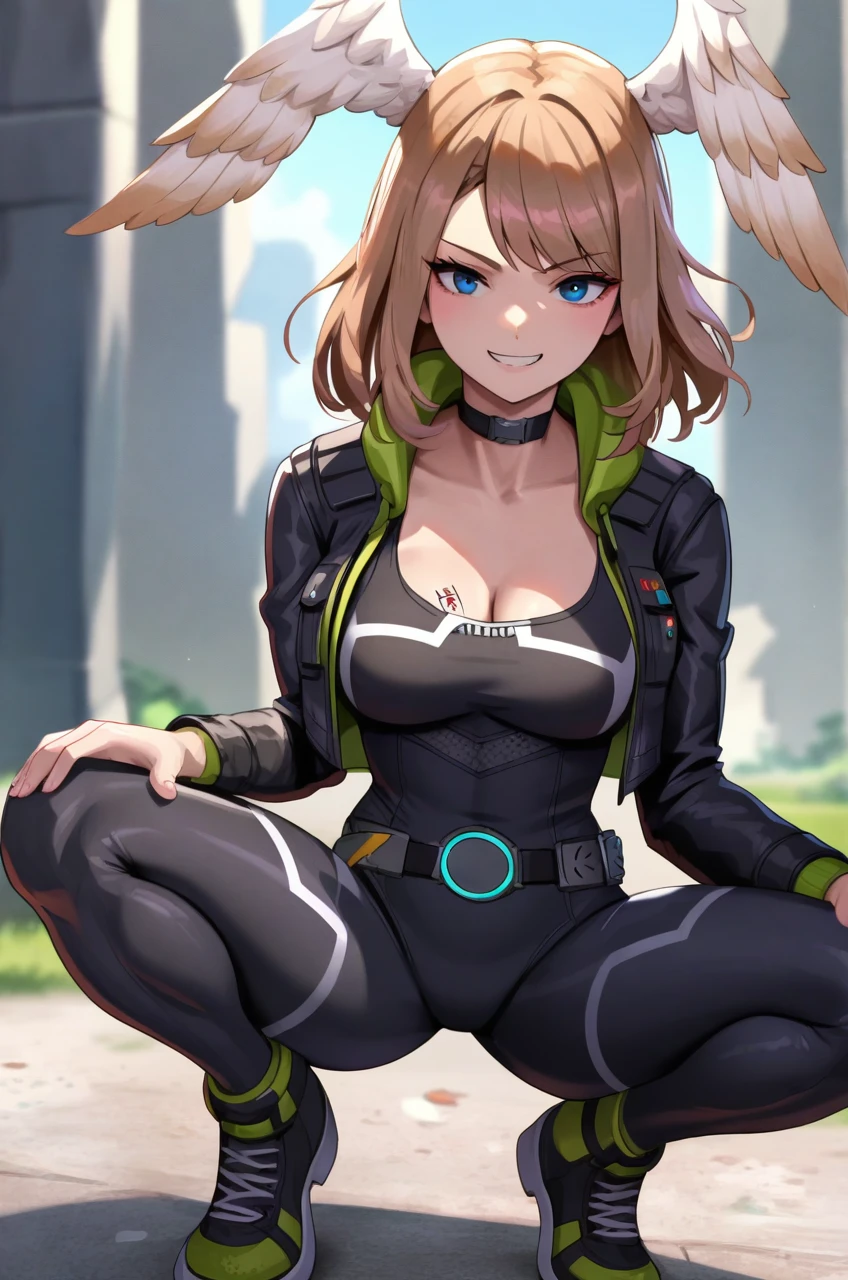 1girl, <lora:eunie_xb_PONY_v1:1>, (eunie_xb), solo, (medium breasts:0.9), (sagging breasts:0.2), medium hair, head wings, black bodysuit, open jacket, black jacket, belt, (squatting:1.1), (pov:1.1), (evil smile:1.1), cowboy shot, cute,
best quality, masterpiece, (score_9), (score_8_up), (score_7_up), source_anime, anime, anime screencap, anime coloring,