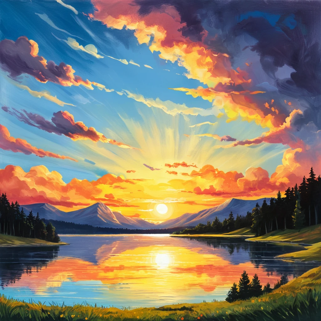 Conceptual Art of  <lora:add-detail-xl:1>
 <lora:detailed:0.3>
<lora:perfection style:0.3>
 <lora:xl_more_art-full_v1:0.3>
 <lora:drawing style:0.8>
A drawing of a painting of a sunset over a lake,outdoors,sky,cloud,tree,no humans,cloudy sky,nature,scenery,forest,reflection,sunset,mountain,landscape , drawing style, concept art