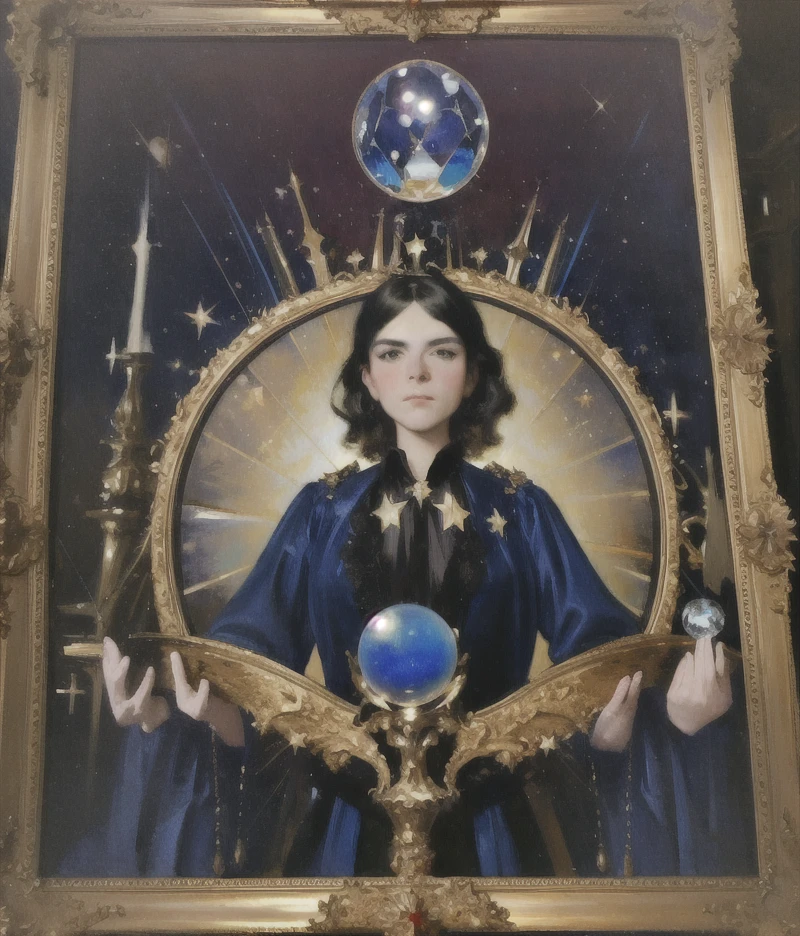 beautiful composition, whimsical,  <lora:Wizardcore:0.6> , wizardcore, star theme, wizardcore scene, wizardcore portrait, wizardcore fashion, vibrant, crystal, crystal ball, velvet, brush, girl drawing, painting \(action\), frame, canvas \(object\), (art by Jean Marc Nattier:0.8), masterpiece, best quality, oil painting style, classical, clear light perception, (John Singer Sargent)