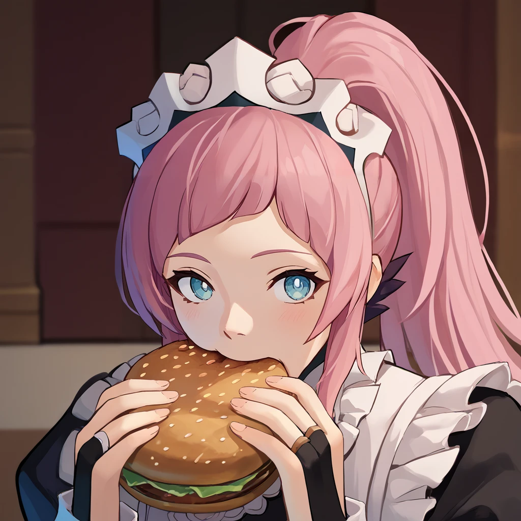 score_9, score_8_up, score_7_up, score_6_up, source_anime BREAK 1girl,  <lora:jermawhopper-pdxl-nvwls-v1-000005:1> jermaWhopper, eating, burger, looking at you, upper body  <lora:felicia-fe-richy-v1_pdxl:1> feliciadef, pink hair, ponytail, blue eyes, maid headdress, brooch, maid apron, black thighhighs, bridal gauntlets