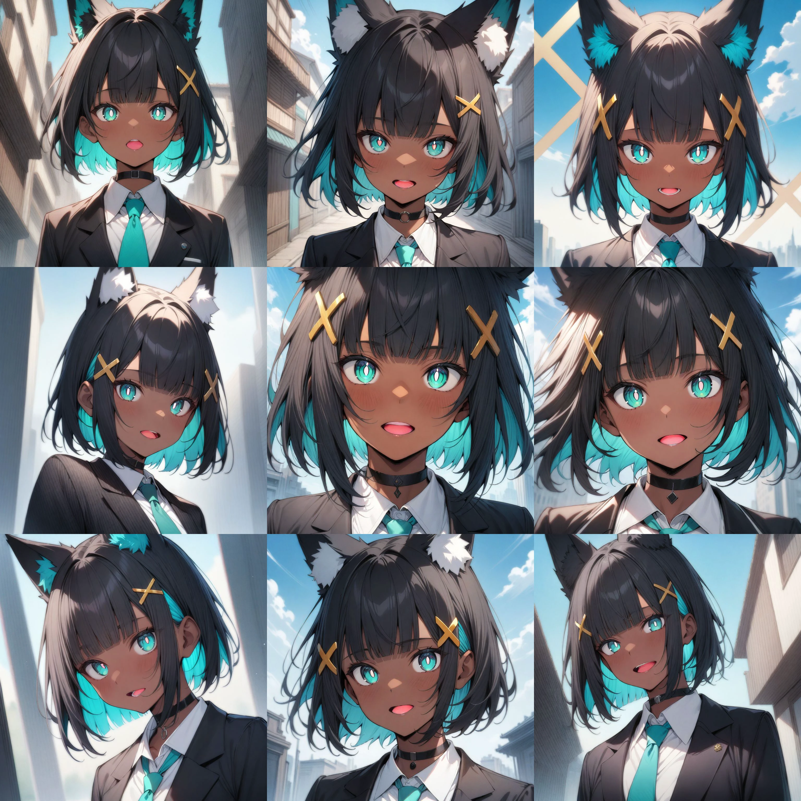 masterpiece,best quality,1girl,dark skin,dark-skinned female,black hair,bangs,blunt bangs,blue inner hair,short hair,yellow x hair ornament,fox ears,white pompom in ears,aqua eyes,white pupils,bright pupils,black choker,(black blazer:1.1),white shirt,aqua tie,sky,detailed background,face focus,<lora:kb_sdxl_e_mouth_lora:2>,