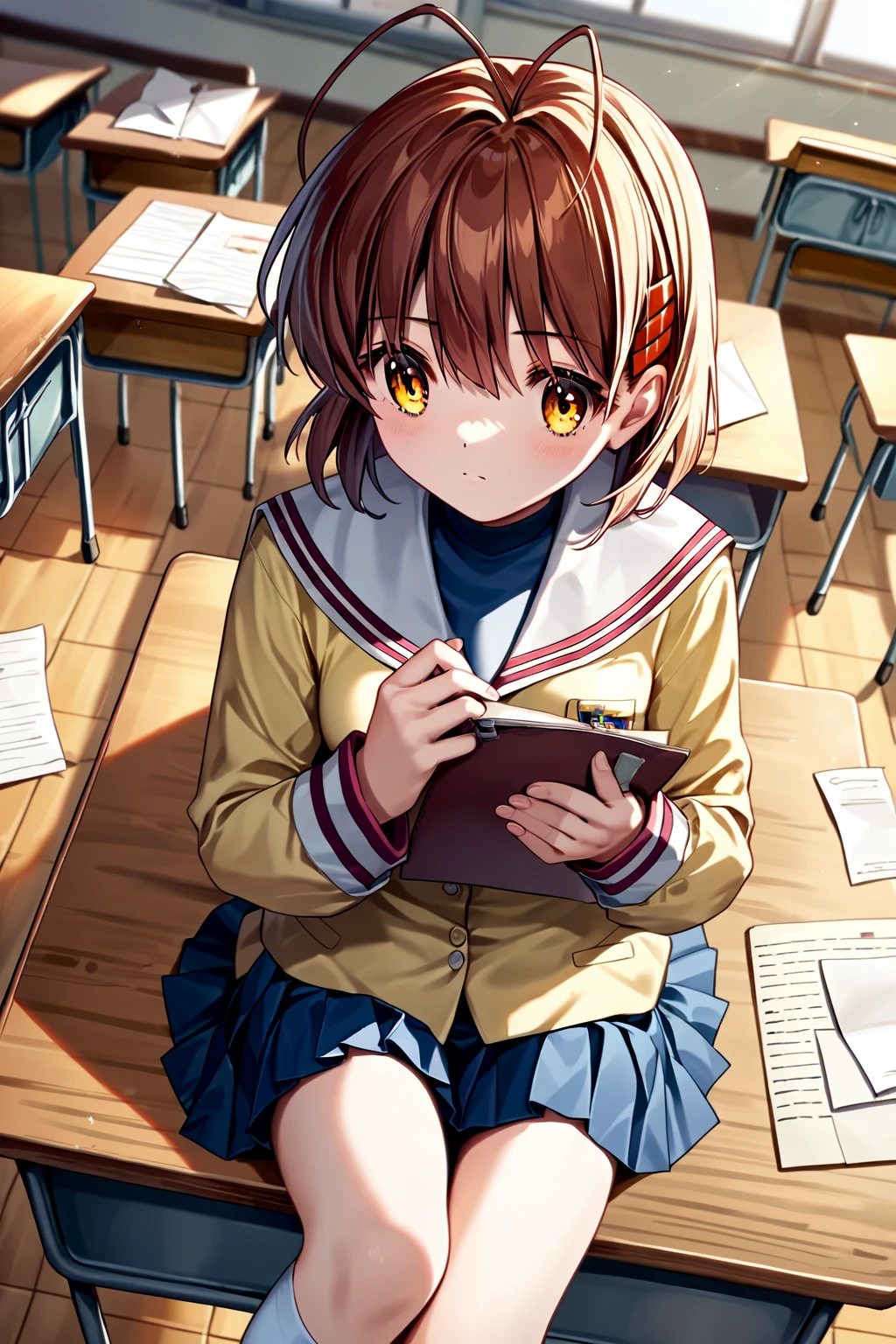 score_9, score_8_up, score_7_up, score_6_up, rating_safe, source_anime, best quality, masterpiece, detailed background, detailed eyes, classroom, classroom desk, sitting in class, notebook, papers, (dutch angle), looking away, <lora:furukawa-nagisa-xl-05:1>, furukawa nagisa, light yellow school uniform with blue turtleneck, blue skirt, white socks, double ahoge, medium breasts,