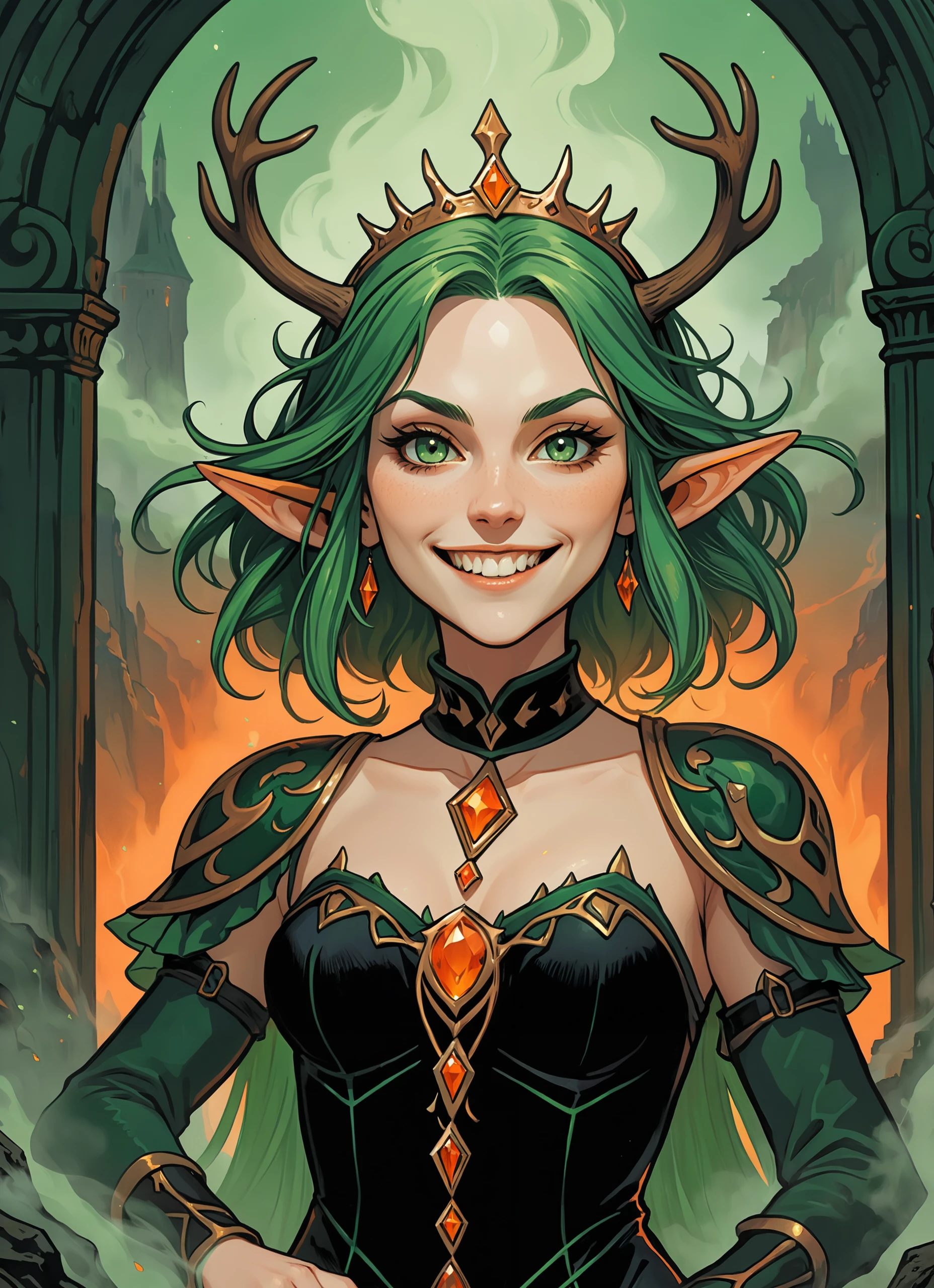 (poster composition,fine lineart, graphic novel style:1.35), concept art upper body portrait, (menacing elf queen of the wild with long green hair and a velvet black dress playful, curious expression, seductive grin showing teeth, wearing a crown and antlers:1.1), behind him a black portal floating, in the background a forbidden land with orange red tones, surrounded by mist and smoke, complementary colors, depth of field, flat colors, inked lineart, paper grain