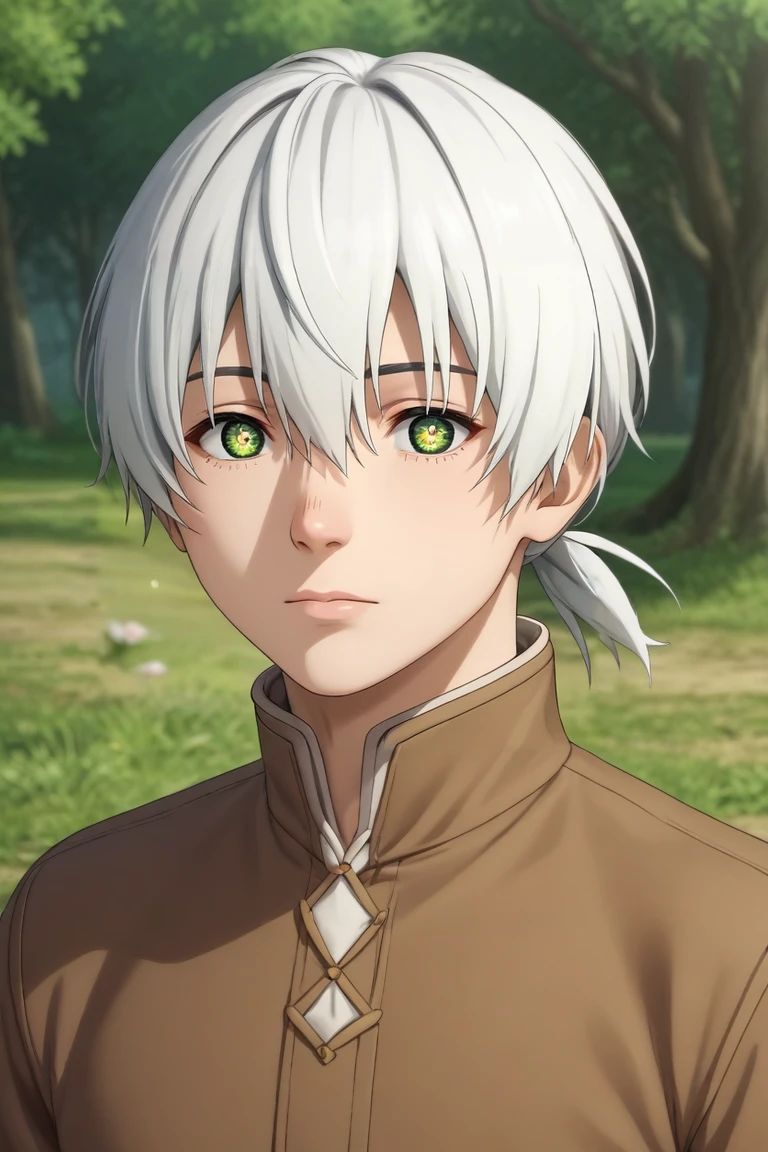 score_9, score_8_up, score_7_up, source_anime, rating_safe, intricate details, (3d:0.4), , , 1boy, solo, male focus, <lora:fushi_fumetsu_pony:0.8>, fushi_fumetsu, white hair, green eyes, short hair, hair between eyes, bangs, ponytail, , straight-on, fantasy land, dawn, breast rest, heart eyes, crewneck,, <lora:sdxl_lightning_8step_lora:1>