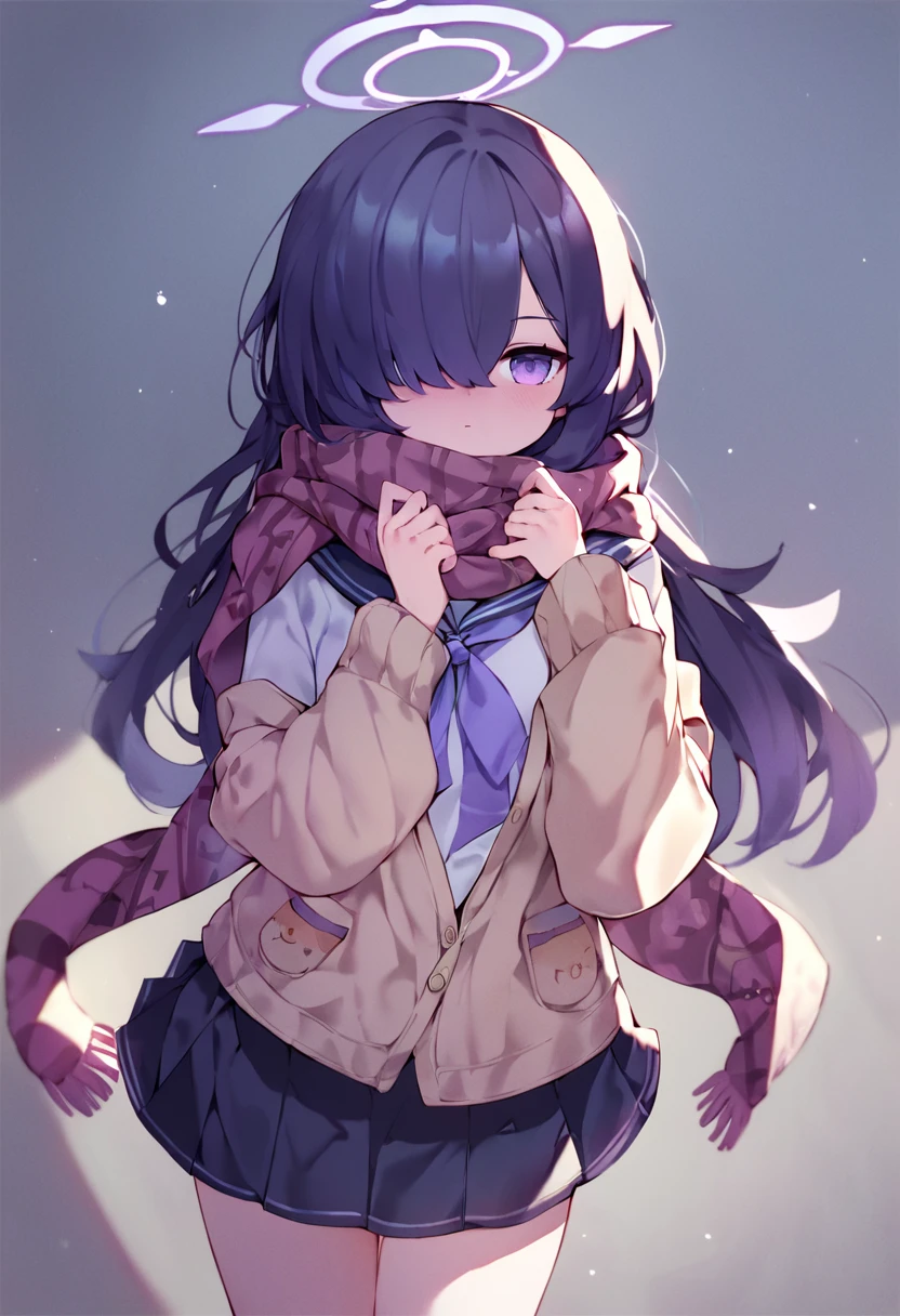 score_9, score_8_up, score_7_up, score_6_up, <lora:TsubasachyanXL_P6_lokr_V42310:0.95> 1girl, purple eyes, scarf, solo,tsukuyo \(blue archive\), halo, hair over one eye, school uniform, long hair, blush, skirt, purple hair, looking at viewer, cardigan, breasts, serafuku, black hair