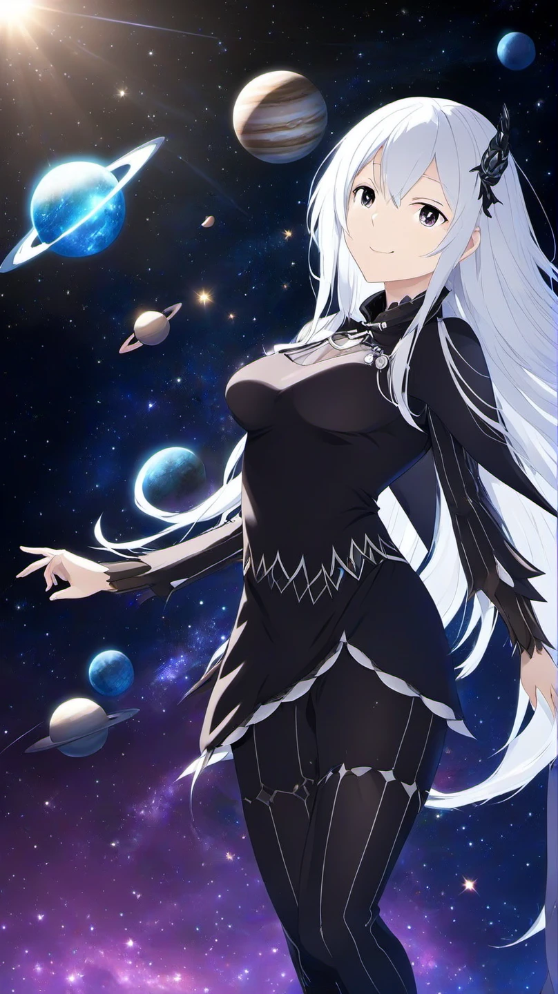 <lora:Anime Enhancer XL V2:.5> <lora:Echidna:1>1girl, echidna_rezero, , echidna_rezero floating in outer space, stars and planets moving rapidly past, her dress flowing in zero gravity