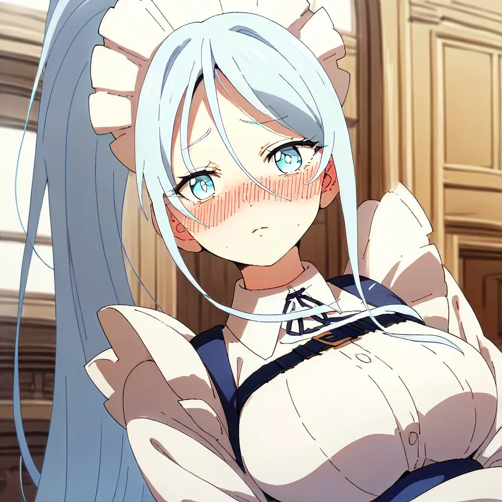 long_hair, 1girl, blue_eyes, blue_hair, solo, blush, large_breasts, ponytail   , maid_headdress, maid, apron, upper body, looking at viewer, score_9, score_8_up, score_7_up, , anime coloring ,BREAK source_anime, anime