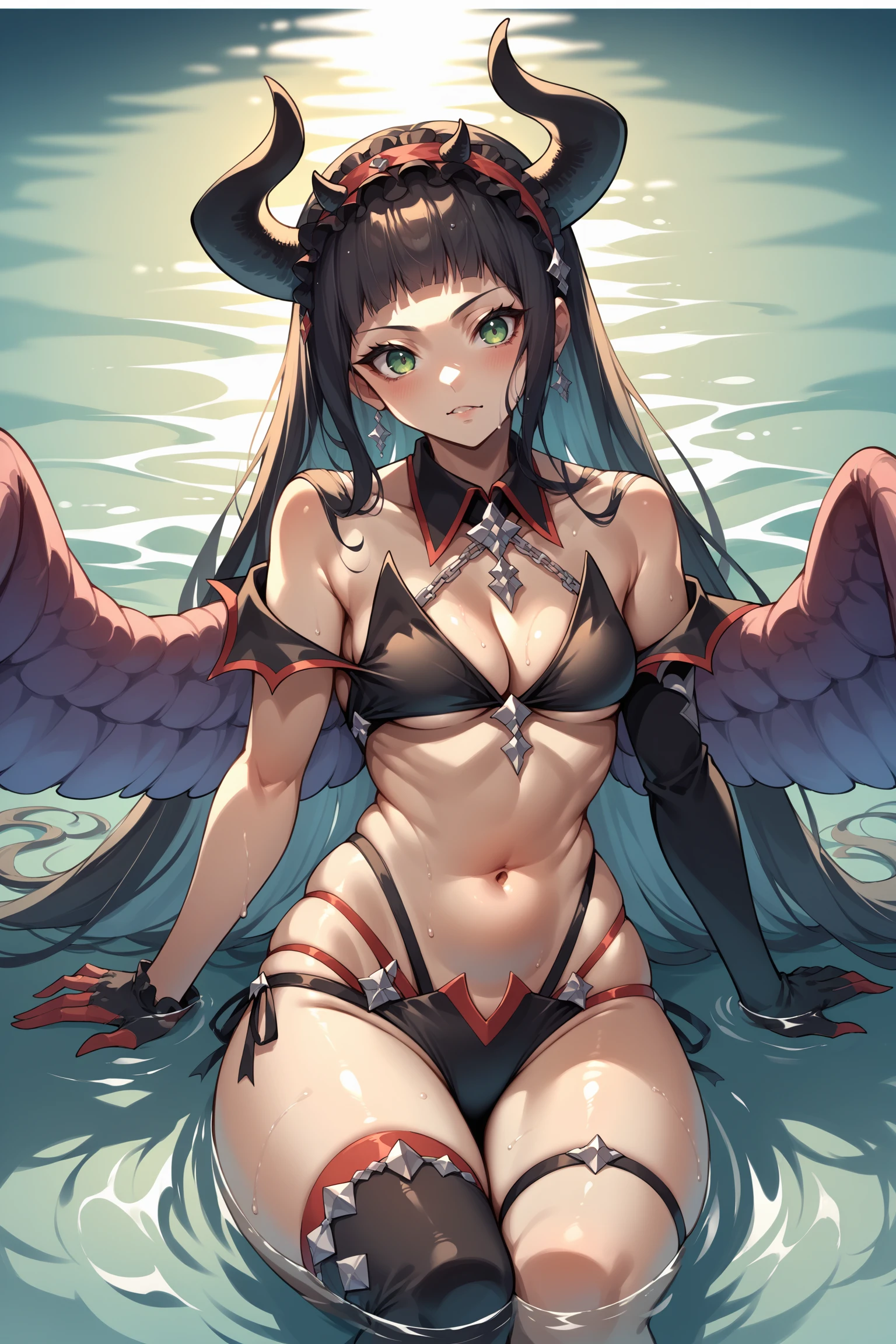 (solo 1 women), (masterpiece, best_quality, ultra detailed, immaculate: 1.3), epic, illustration, 1girl, (steampunk Vaporwave: 1.3) ((succubus)), wings, full body, lingerie, [:formal costume design,:0.2], official art, Deep Red-Orange Dramatic Lighting, On Moody Green Meadow With Rolling Hills, Bombshell Hair, Ginger Hair, Emo Cut, Bombshell Hair, Paw Pose