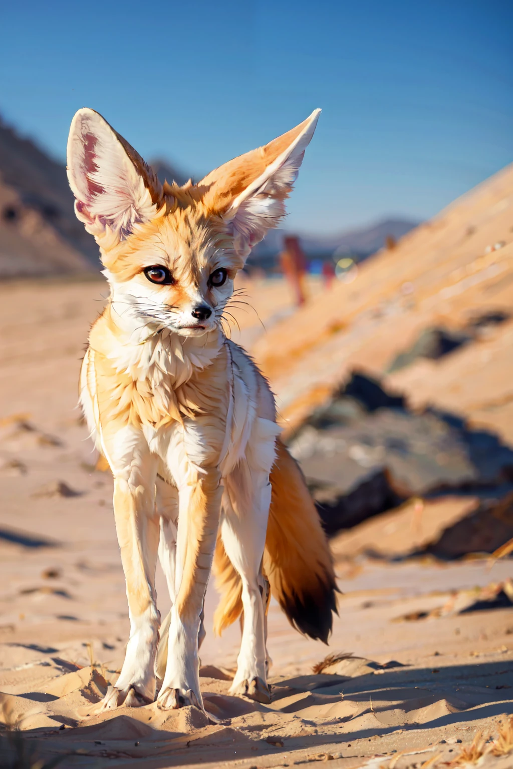 ((masterpiece,best quality)), absurdres,   <lora:FennecFox:0.7>,   FennecFox, looking at viewer, standing, full body, blurry, no humans, blurry background, realistic,  photo background, sand,