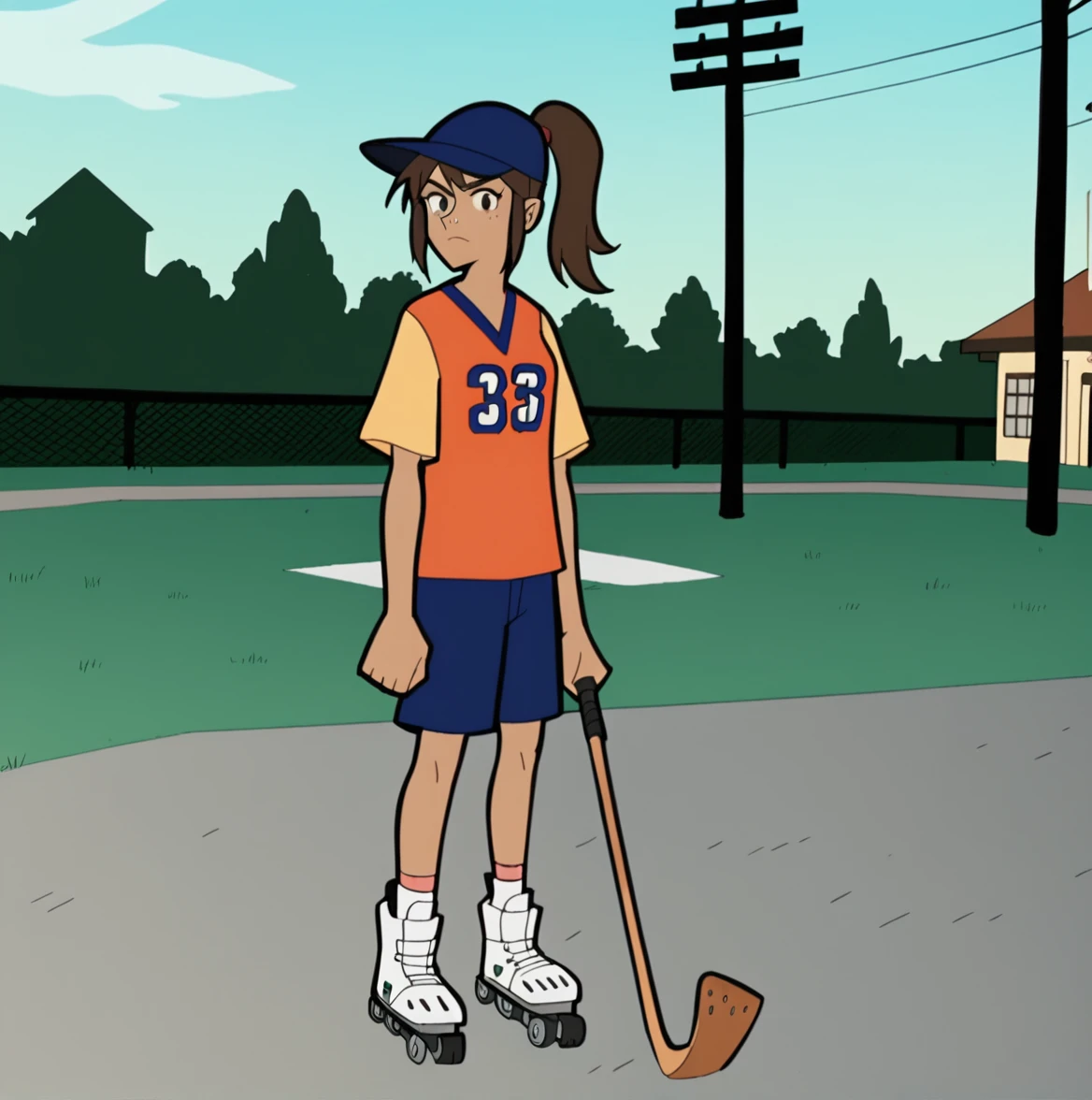 <lora:Clerks_The_Animated_Series:0.9> Clerk style, (rough film grain filter), score_9, score_8 or higher, masterpiece, dynamic angle, 1girl, hockey jersey, tan skin, shading, holding hockey stick, playing hockey, roller skates, high ponytail, baseball cap, outside, small town background, street, looking at viewer, good anatomy