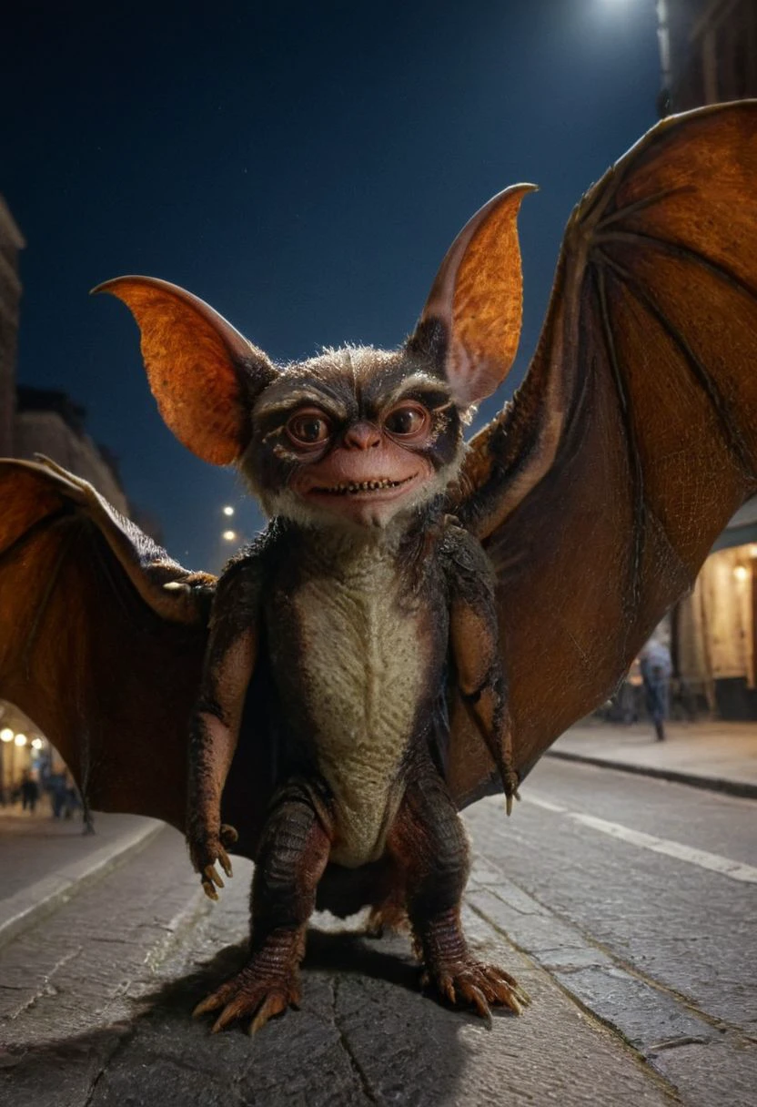 (Xbatx:1.3), Xgremlinx,  Big wings of bat,  amazing quality, masterpiece, best quality, hyper detailed, ultra detailed, UHD, perfect anatomy, portrait, hyper-realism, majestic, awesome, inspiring, - portrait in night city street ,  cinematic composition, soft shadows, national geographic style,