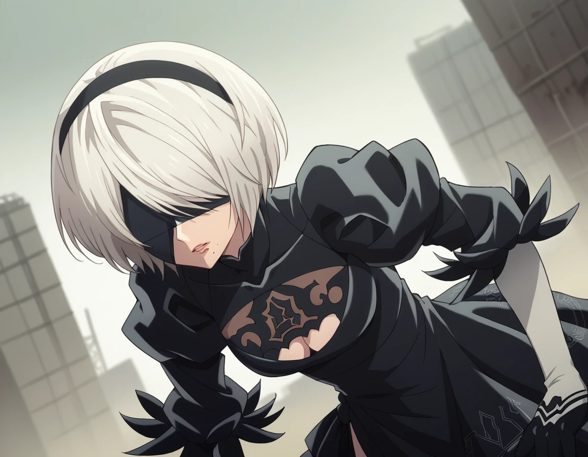 score_9, score_8_up, score_7_up, source_anime,
2b, <lora:2b-s1-ponyxl-lora-nochekaiser:1>,
2b, yorha no. 2 type b, short hair, white hair, hairband, mole, black hairband, mole under mouth, blindfold, covered eyes, black blindfold,
gloves, long sleeves, dress, puffy sleeves, black dress, clothing cutout, cleavage cutout, juliet sleeves, feather-trimmed sleeves,
outdoors, wasteland, bent over,
solo, dutch angle, looking at viewer, cowboy shot,