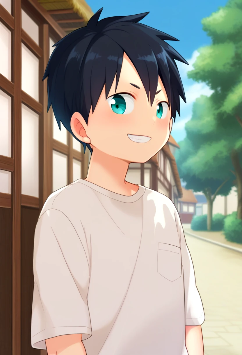 score_9, score_8_up, score_7_up, detailed eyes, village, BREAK
looking to the side, standing, head tilted,
<lora:cutifiedanimecharacterdesign_variant_type_F_PonyXL_v10:1> 1boy, type-f, black  hair,   teal eyes,   petite, young, solo, black gakuran,   aged down,
grin