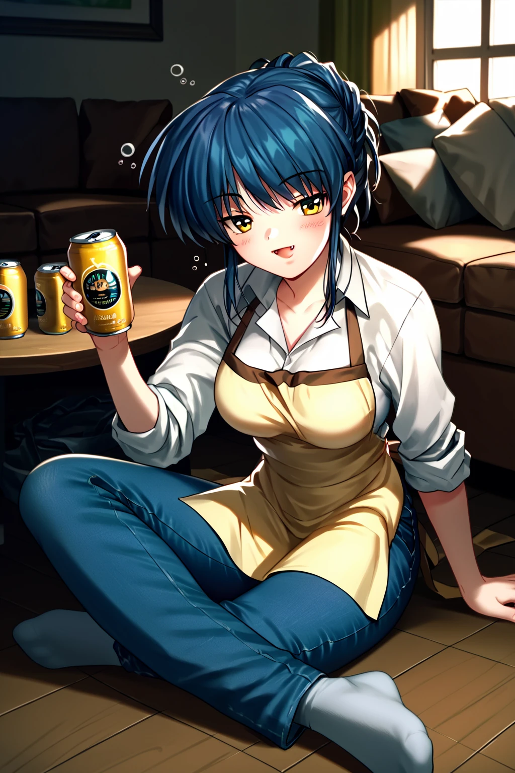 score_9, score_8_up, score_7_up, score_6_up, rating_safe, source_anime, best quality, masterpiece, solo, living room, sitting on floor, table, (drunk), cans of beer, <lora:sagara-misae-xl-05:1>, sagara misae, dark blue hair, yellow eyes, white shirt with yellow apron, jeans, blush, open mouth, smile, fang, medium breasts, full breasts, 2.5d, half-closed eyes,