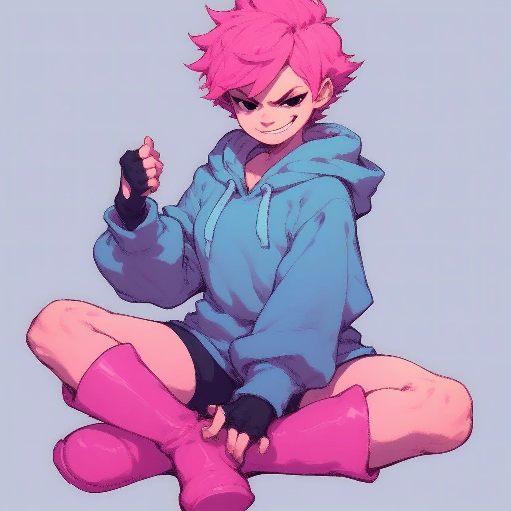 score_9, score_8_up, score_7_up, Kumatora, pink hair, black eyes, hoodie, blue hoodie, short hair, pink boots, spats, fingerless gloves, thighs, smirk