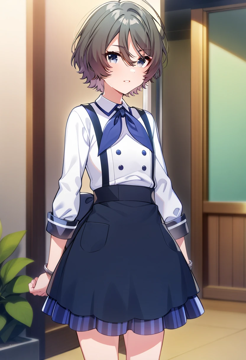 1girl, azu\(since memories\), solo, looking at viewer, parted lips, long sleeves, standing, buttons, suspender skirt, white shirt, smile, masterpiece, best quality, very aesthetic, absurdres, <lora:azusa-000029:1.0>