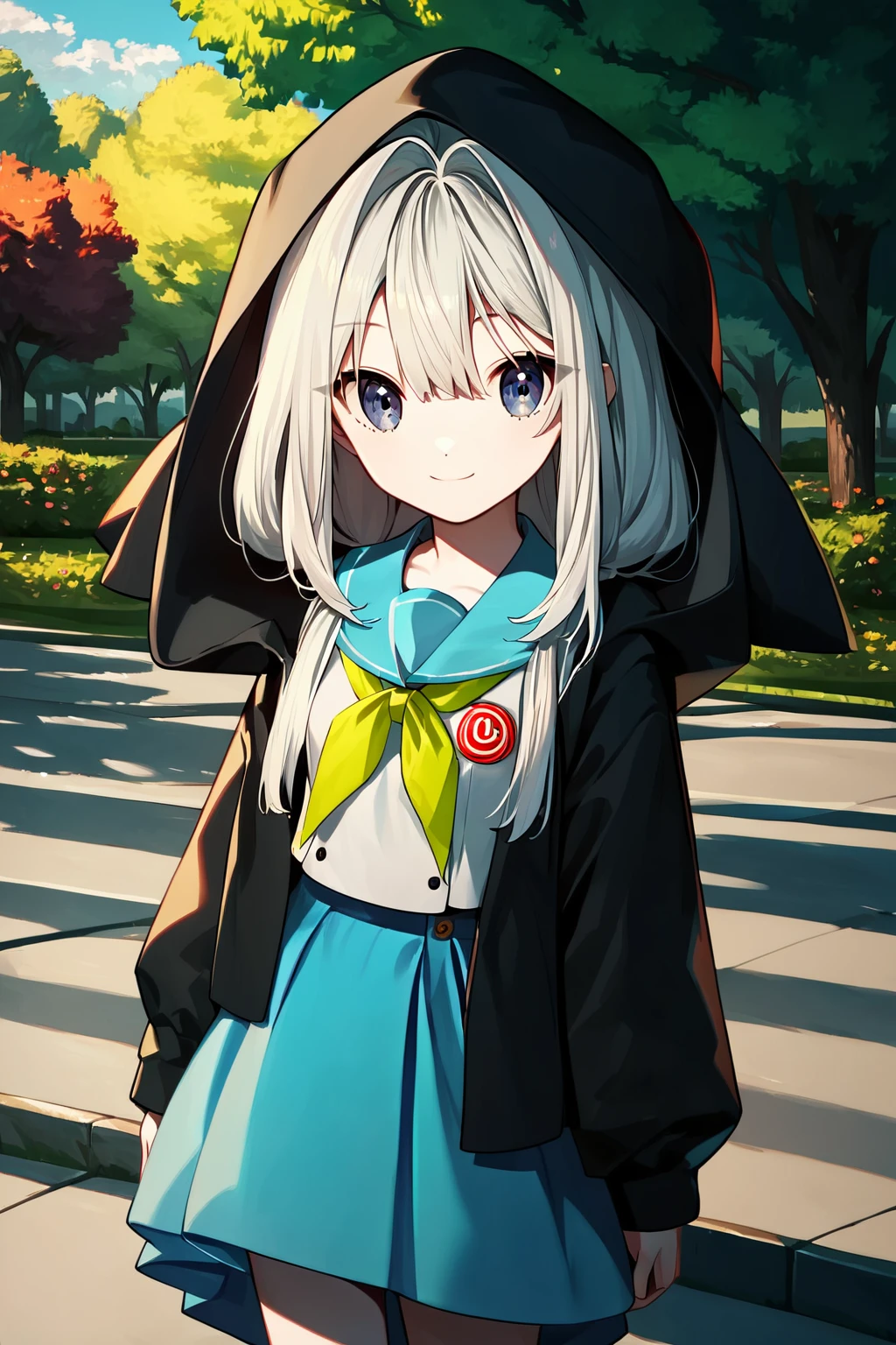 score_9, score_8_up, score_7_up, score_6_up, rating_safe, source_anime, best quality, masterpiece, detailed background, detailed background, detailed eyes, outdoors, sunny, park, <lora:mia-xl-04:0.8>, loopers mia, black fox hood, sailor uniform, long blue skirt, smile, small breasts,