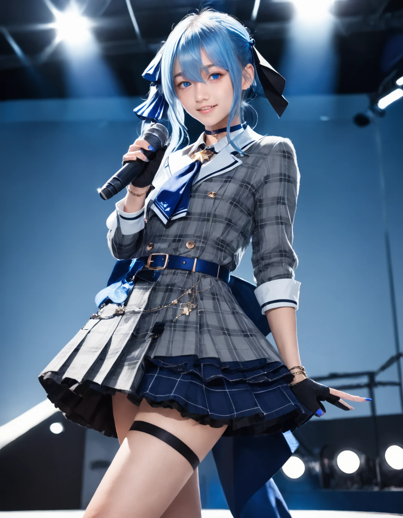1girl, solo,
(Best quality:1.0),(masterpiece:1.0),photorealistic,
(realistic),photograph,hyperdetailed photography,raw photo,
stage,Spotlight, (on stage:1.2) ,
Singing, microphone,
BREAK
smile,
18yo,
<lora:suisei_RPO_V1_0-000008:0.8>,
suisei, virtual youtuber, blue hair, blue eyes, side ponytail, blue nails, hair between eyes, jewelry, ribbon,nail polish,medium hair, hair ribbon,long hair,turime,
(flat chest:0.5),small breast,
cos 1st, gloves, black gloves, choker, star (symbol),partially fingerless gloves, belt, plaid dress,plaid skirt, skirt, bracelet, shirt, buttons, blue belt,double-breasted, blue ascot, plaid jacket, collared shirt, dress,grey jacket, long sleeves,blue ribbon, blue choker, grey skirt,thigh strap, single thighhigh, socks,