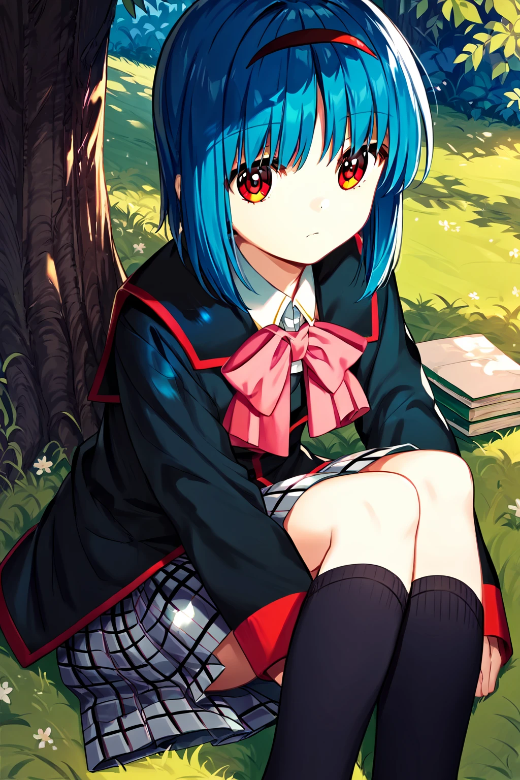 score_9, score_8_up, score_7_up, score_6_up, rating_safe, source_anime, best quality, masterpiece, detailed background, detailed eyes, sitting on ground, grass, outdoors, sitting against tree, green book, <lora:nishizono-mio-xl-05:1>, nishizono mio, black uniform with red trim and pink bow, pleated grey plaid skirt, black socks, small breasts, expressionless