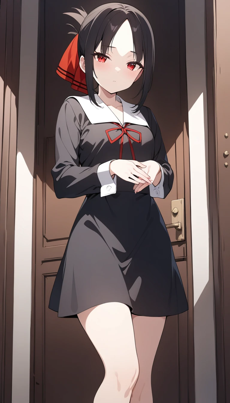 masterpiece, best quality, 1girl, kaguya,  <lora:kaguyaSDXL:0.8>, school uniform, black dress, black skirt, red ribbon, long sleeve, looking at viewer, cowboy shot, standing, full body, parted bangs, upper body