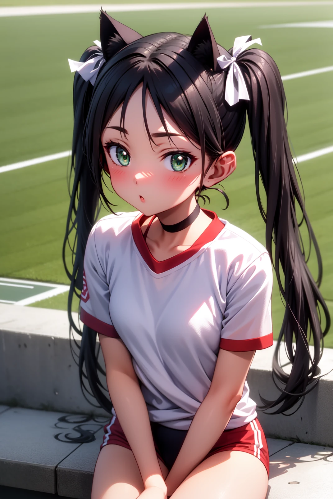 solo, masterpiece, best quality, outdoors, stadium, looking at viewer, closed mouth, :o, blush, cowboy shot, francesca, green eyes, black hair, long hair, parted bangs, twintails, cat ears, cat tail, hair ribbon, white ribbon, choker, white shirt, short sleeves, gym uniform, baruma, sitting