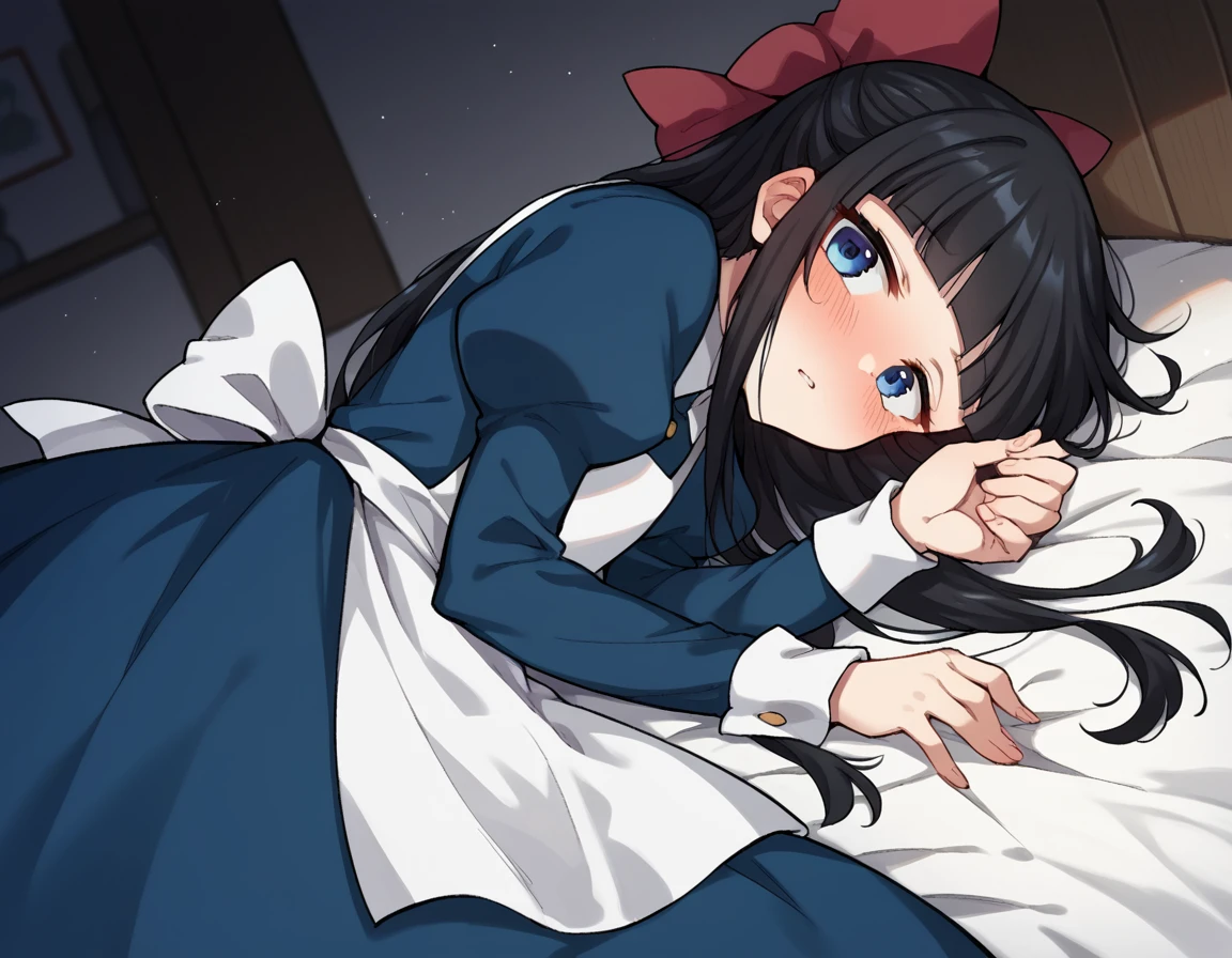 score_9, score_8_up, score_7_up, source_anime,
ayadrevis, <lora:aya-drevis-ponyxl-lora-nochekaiser:1>,
aya drevis, long hair, blue eyes, black hair, hair bow, red bow, bangs, blunt bangs,
long sleeves, dress, frills, puffy sleeves, apron, blue dress,
indoors, bed, bed room, on side, blush, drunk,
solo, looking at viewer, cowboy shot, dutch angle,