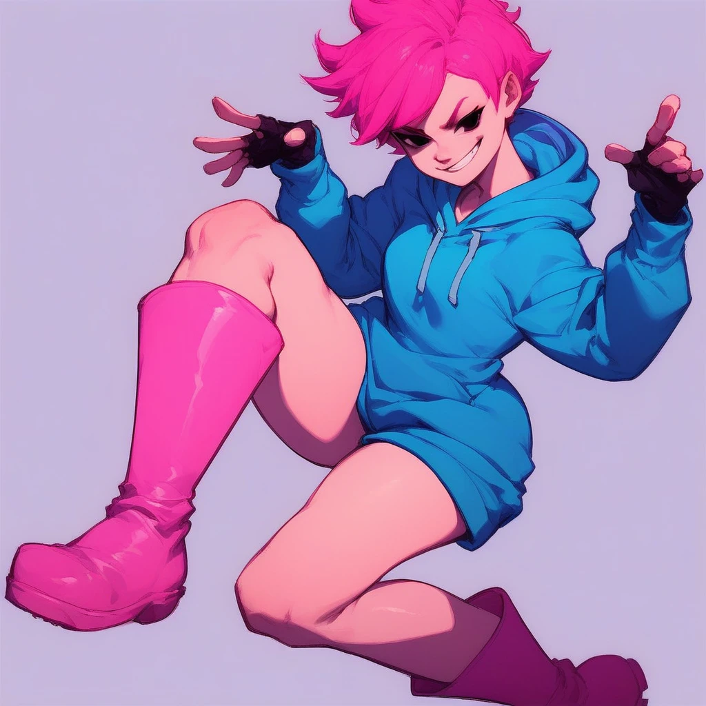 score_9, score_8_up, score_7_up, Kumatora, pink hair, black eyes, hoodie, blue hoodie, short hair, pink boots, spats, fingerless gloves, thighs, smirk