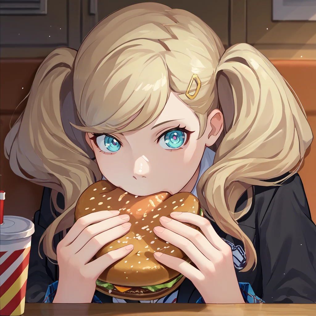 score_9, score_8_up, score_7_up, score_6_up, source_anime BREAK 1girl, <lora:jermawhopper-pdxl-nvwls-v1-000005:1> jermaWhopper, eating, burger, looking at you, upper body   <lora:AnnP5-pdxl-bsinky-v1:1>defAnn, twintails, hairclip, school uniform, black jacket, open jacket, white hoodie, plaid skirt