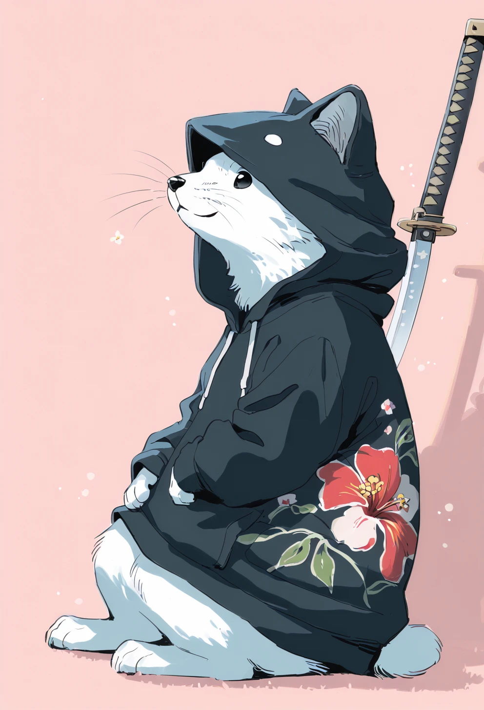 score_9, score_8_up, score_7_up, monochrome, (retro artstyle, flat color:1.5),
BREAK
1girl, solo, (hood up, animal head, katana:1.4), dot eyes, wind, hibiscus printed, hoodie,
billboard, light particles, faded, night, dutch angle, close-up, (simple background, pink background:1.2), sitting, (train interior:1.2),
shadow, pink, blue, lineart, ultra detailed, highres, digital art, <lora:Beatrix_potter_drawing_style:0.7> , in the style of Beatrix Potter
