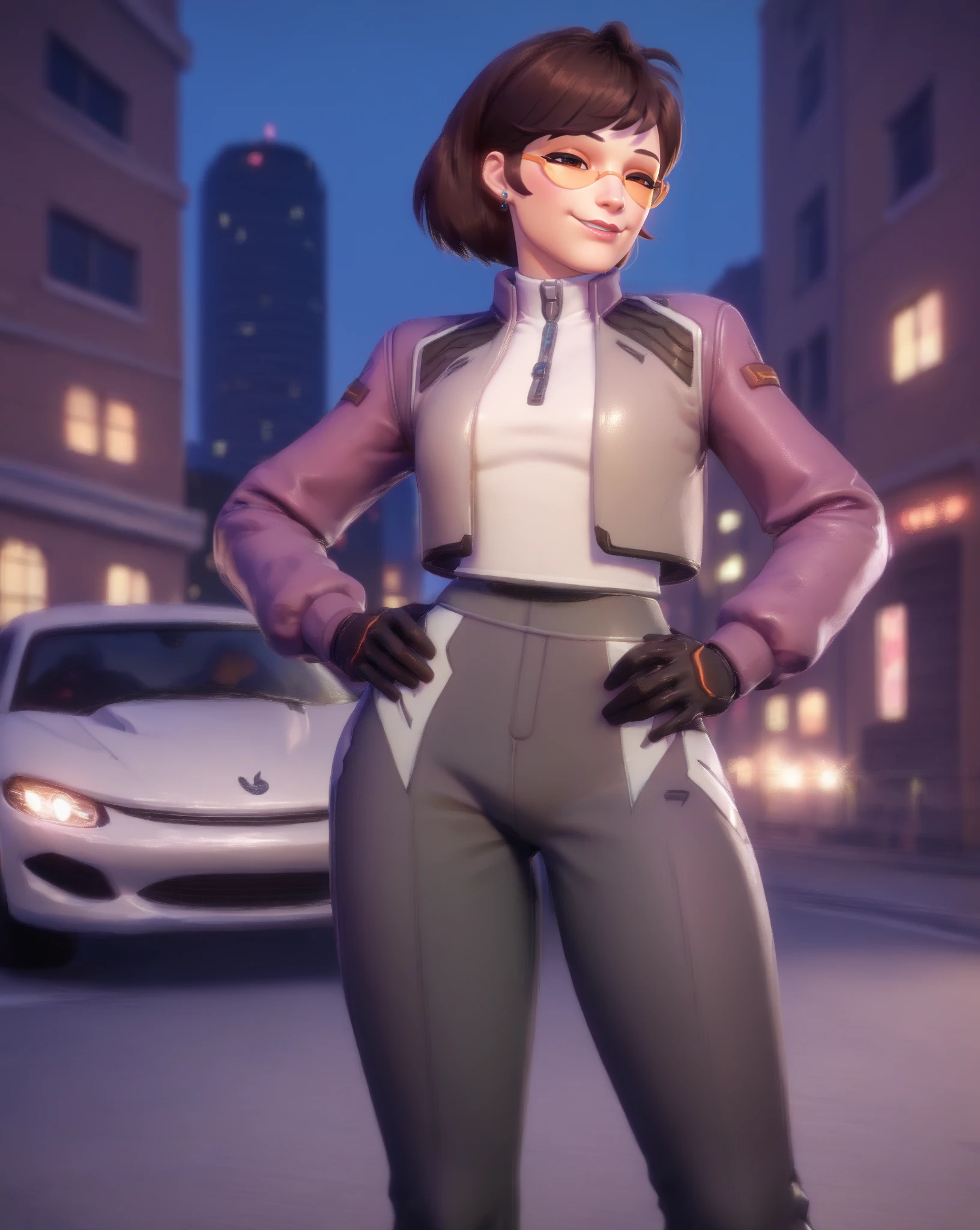 score_9, score_8_up, score_7_up, score_6_up, 1girl, solo focus, 2.5d, dva porsche, d.va (overwatch), smile, city background, <lora:Dva porsche-000030:1>