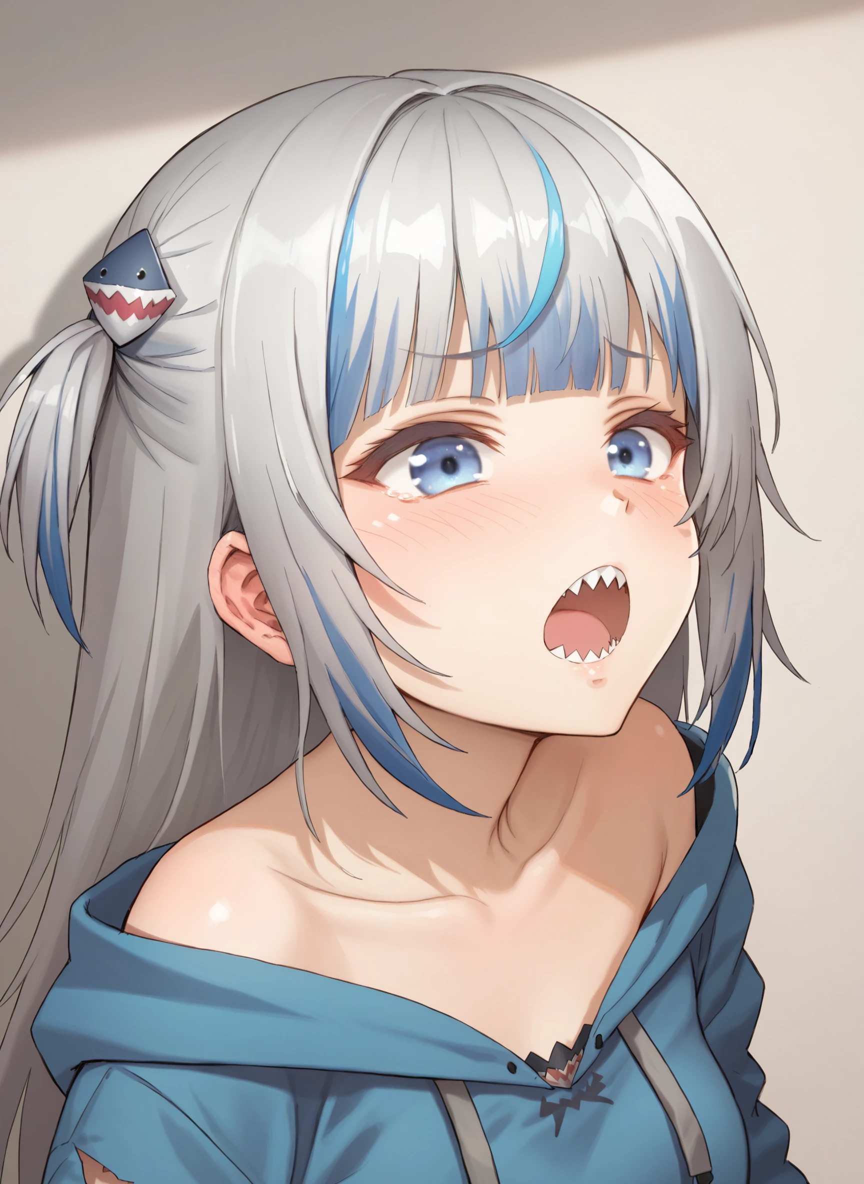 score_9, score_8_up, score_7_up, score_6_up, crbb_style,
1girl, solo, long hair, breasts, blush, open mouth, bangs, blue eyes, hair ornament, blue hair, blue hoodie, upper body, grey hair, multicolored hair, teeth, virtual youtuber, blunt bangs, two-tone hair, two side up, streaked hair, sharp teeth, shark hair ornament, gawr gura
<lora:crbb_pdxl6:1>