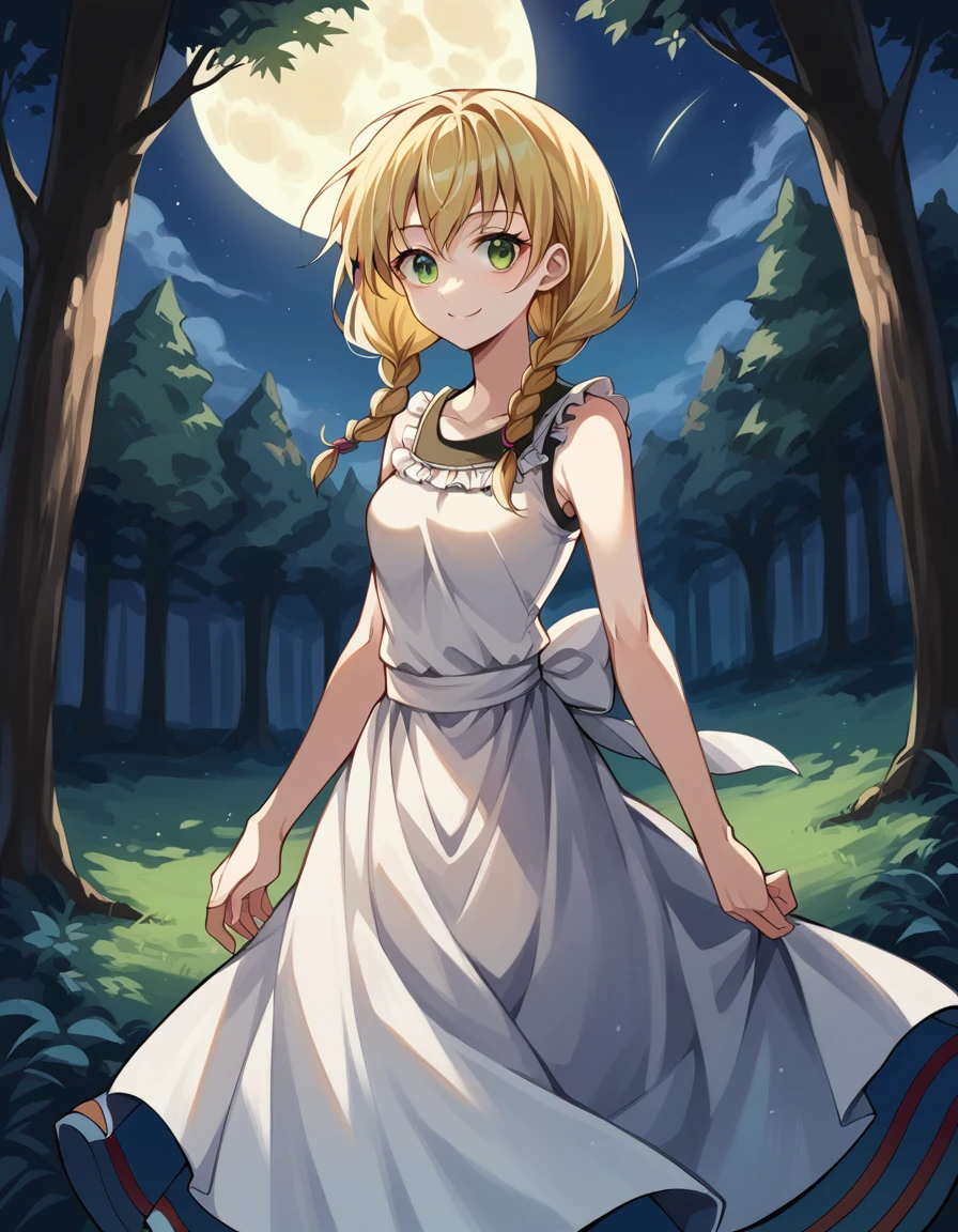 score_9, score_8_up, score_7_up, source_anime,
witchviola, <lora:witch-house-viola-ponyxl-lora-nochekaiser:1>,
viola, blonde hair, braid, green eyes, twin braids,
sleeveless, shirt, white shirt, skirt, long skirt, frills,
outdoors, forest, nature, trees, night, moon, smile,
solo, looking at viewer, cowboy shot, dutch angle,