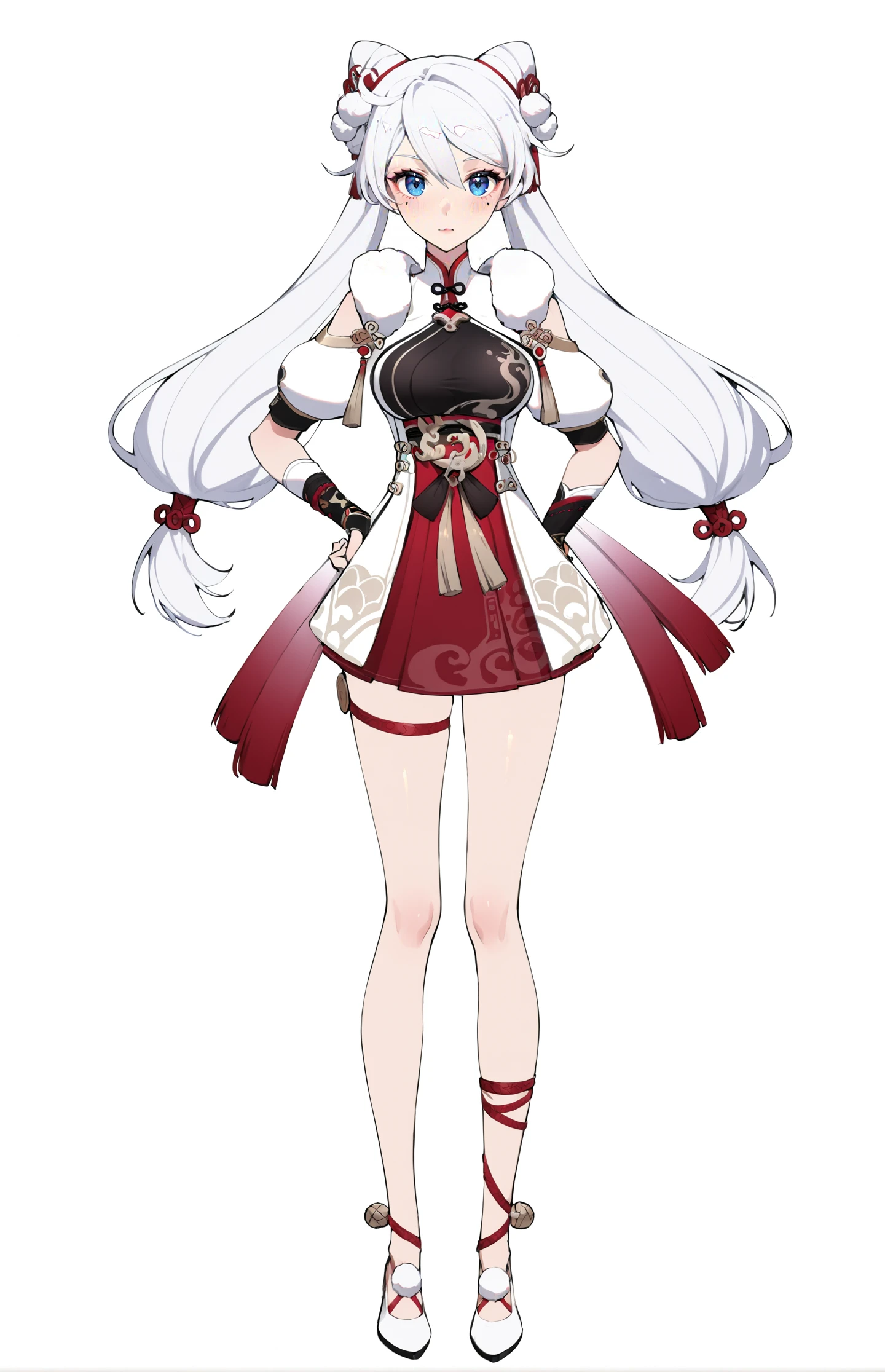 8k, best quality, masterpiece, (ultra-detailed:1.1), (high detailed skin),
(full body), white background, standing, looking at viewer, (solo), hand on hip,
<lora:kiana-young-A3-Tanger-000011:0.7>, kiana kaslana, xuetu, 10th clothes, 1girl, blue eyes,white hair, bangs, long hair,double bun,
(beautiful_face), ((intricate_detail)), clear face,
((finely_detailed)), fine_fabric_emphasis,
((glossy)), full_shot,