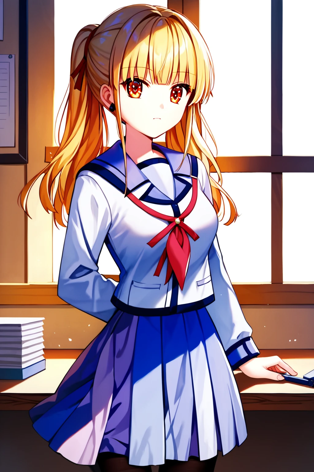 score_9, score_8_up, score_7_up, score_6_up, rating_safe, source_anime, best quality, masterpiece, detailed background, detailed eyes, cowboy shot, office, large desk, windows, sunlight, <lora:yusa-xl-04:1>, yusa, blonde hair, angel beats uniform, lavender skirt, black leggings, m arms, medium breasts,