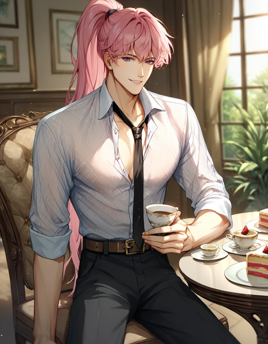 score_9, score_8_up, score_7_up, BREAK 1boy, solo, BREAK male focus, purple eyes, (long hair, high ponytail, pink hair, bangs), open sequin shirt, undone necktie, black pants, belt, holding cup, smile, BREAK indoors, table, chair, plant, teacup, cake, sitting, blurry background, looking at viewer,  <lora:ikemenboys:1>