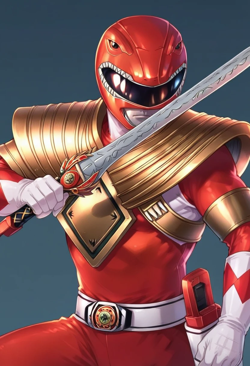 Ugly (score_9:0.9),score_8_up,score_7_up,anime style,rating_safe,<lora:Red Ranger ponyXL v3.1:0.85>,Red Ranger, weapon, 1boy, sword, male focus, solo, helmet, holding, transparent background, armor, holding sword, dragon shield, belt