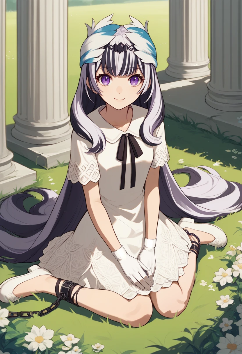 score_9, score_8_up, score_7_up, source_anime, 1girl, solo, sitting, on ground, looking at you, smile, happy, hands on lap, BREAK <lora:VeyleFE-pdxl:1> casVeyl, purple eyes, long hair, multicolored hair, feather hair ornament, white dress, black ribbon, short sleeves, white gloves, ankle cuffs, white shoes, outdoors, grass, flowers, column