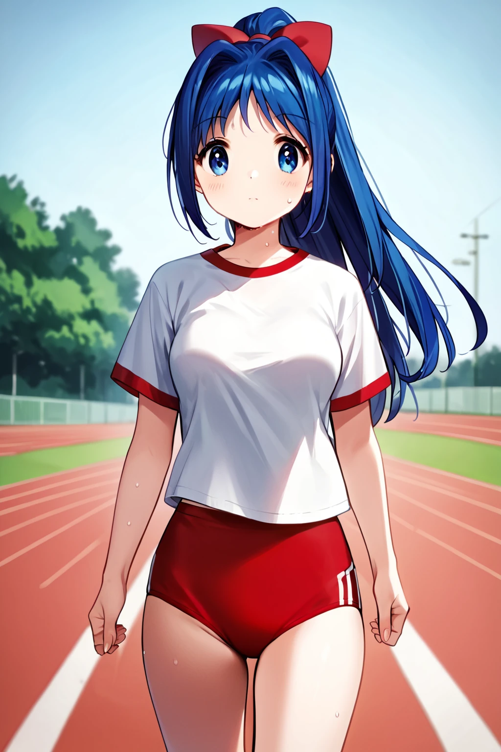 score_9, score_8_up, score_7_up, score_6_up, rating_safe, source_anime, best quality, masterpiece, detailed background, detailed eyes, school track, jogging, sweating, front view, looking at viewer, <lora:minase-nayuki-xl-03:1>, minase nayuki, medium breasts, blue hair, blue eyes, high ponytail, white t-shirt, red buruma, red_hair_bow