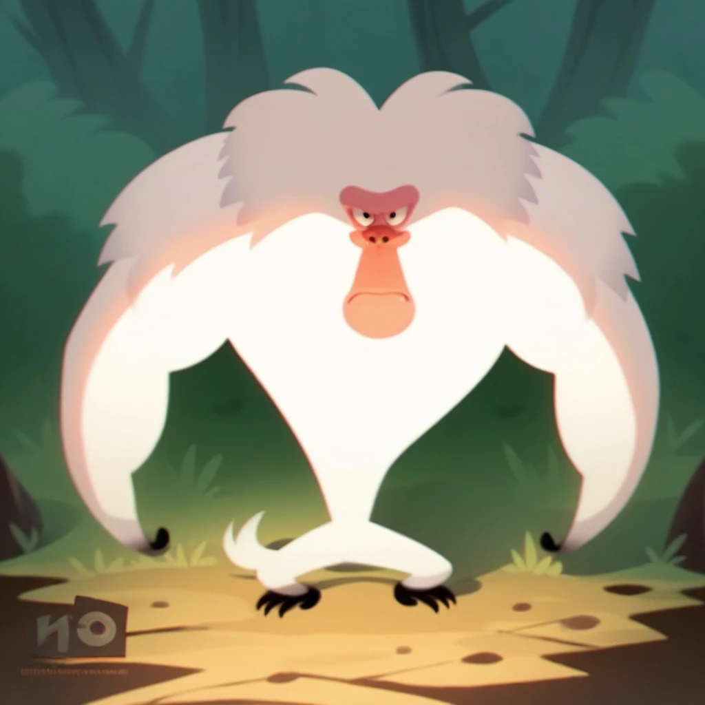 score_9, score_8_up, score_7_up, score_6_up, score_5_up BREAK Baboon, white fur, primate, villain, 1boy, solo, arms down, frown, looking at viewer BREAK forest