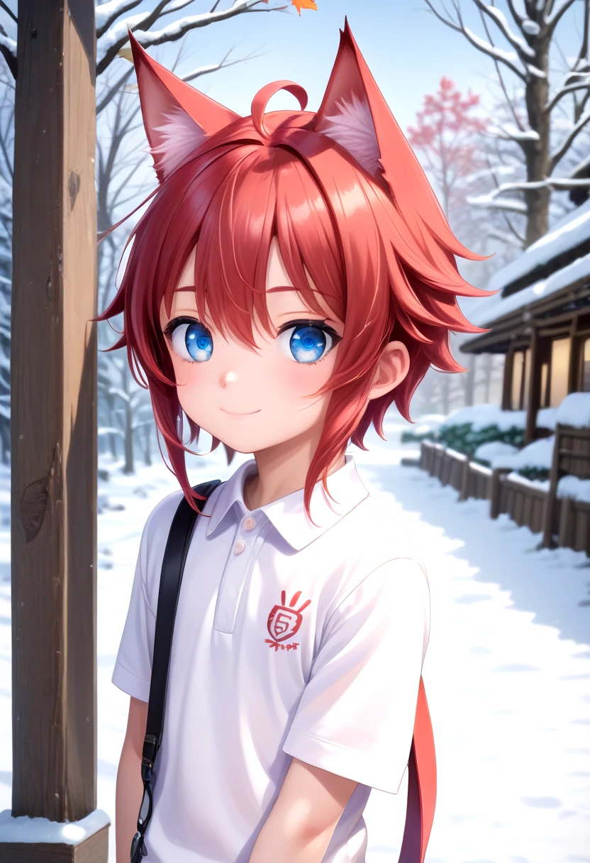 score_9, score_8_up, score_7_up, detailed eyes, autumn leaf, snowy, village, BREAK
straight on shot, standing,
<lora:cacd2ponyA-000020:0.75> aki, 1boy, (crimson hair:1.2), white polo shirt, smile, male, male focus, closed mouth, blue eyes, cat boy, (red cat ears:1.2),
looking at viewer,male, male focus, blue hair, inside, corridors, petite, vivid colors, petite, cute, young, masterpiece, high quality, very_high_resolution, large_filesize, full color, detailed face,