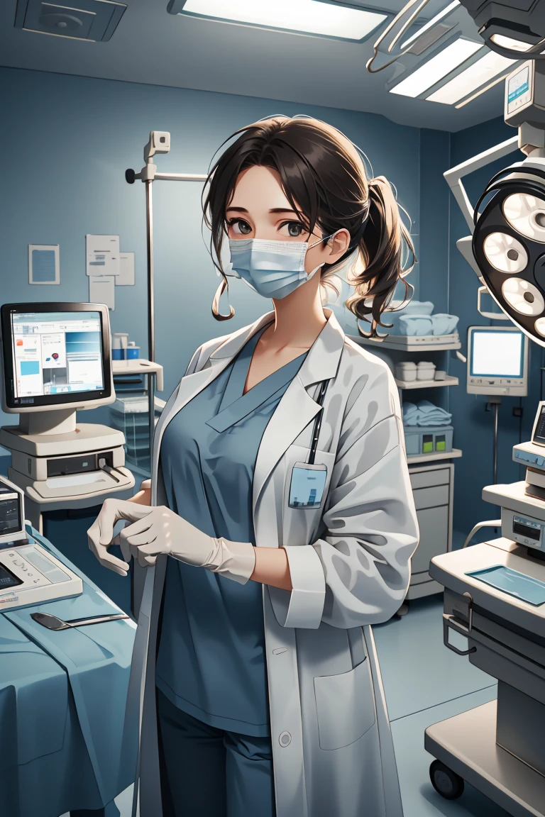 (RAW photo, best quality), operating room, overhead surgical light,blurred background, focused, dithering,backlighting,
 <lora:doctor_surgery_V1.0-000005:0.8> doctor_in_surgery, surgical mask, 1girl, indoors, labcoat, gloves, looking at viewer, doctor,