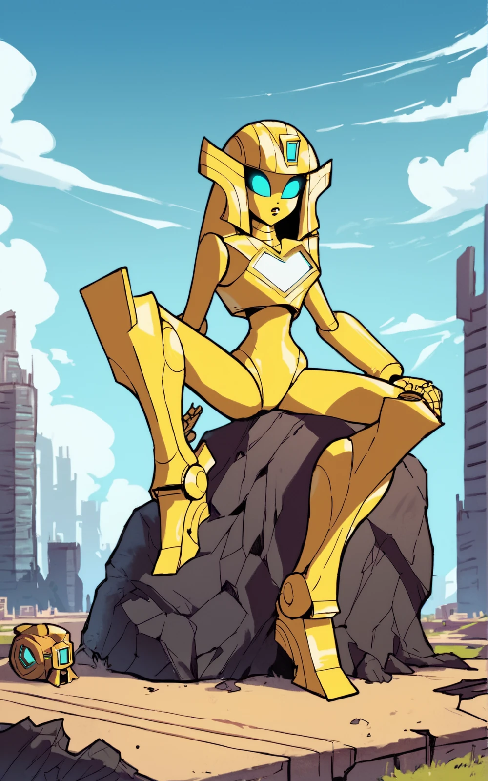 score_9, score_8_up, score_7_up,((best quality)), absurdres,((full body)), <lora:3d-2d:0.8>, <lora:CorusPXL:0.8>,CorusPXL,robot, blue eyes, science fiction,mecha,yellow skin,slim,yellow armor,slim,sitting on a boulder, destroyed city,city