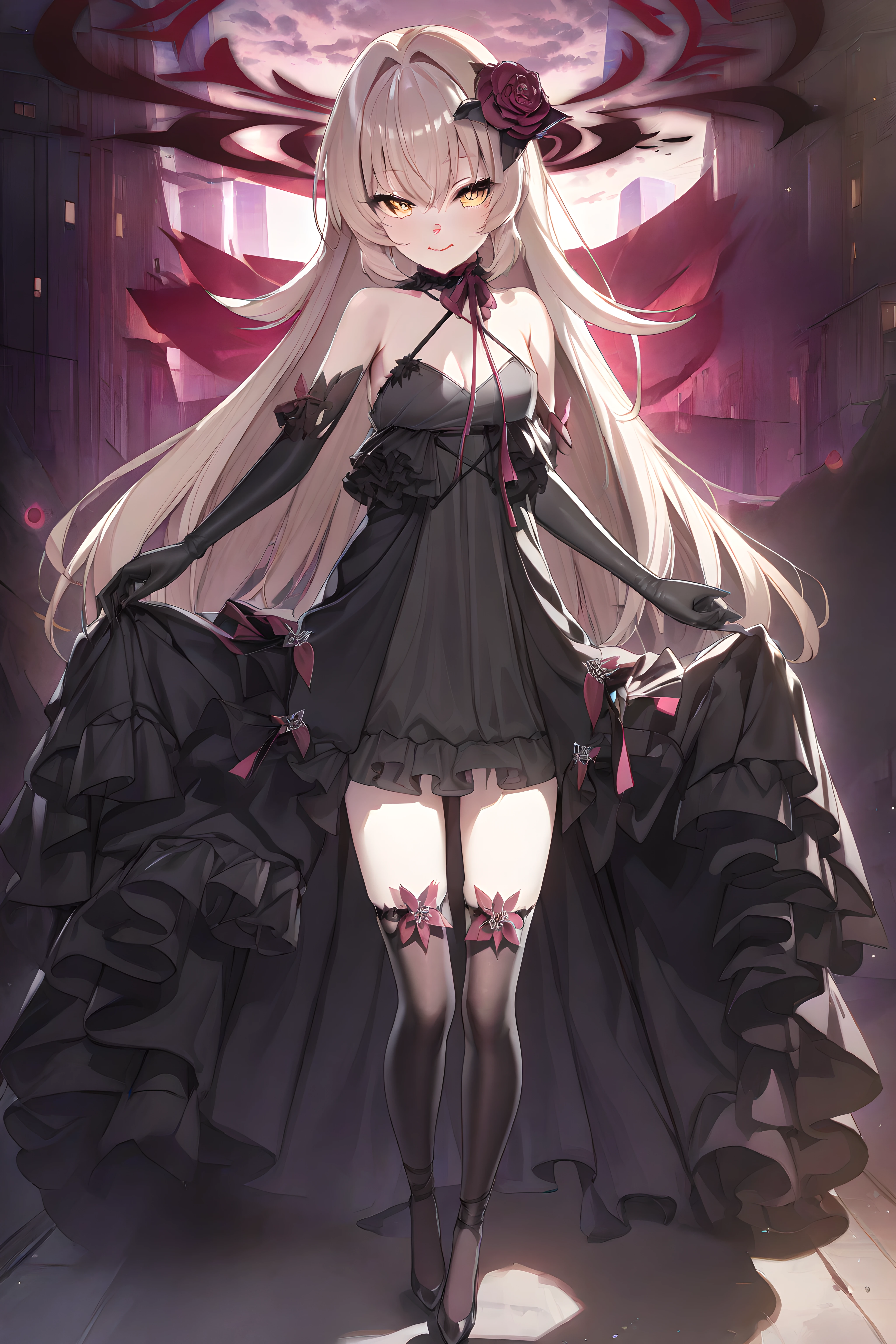 (masterpiece),(best quality),(ultra-detailed),(best illustration),(best shadow),(absurdres),(detailed background),(very aesthetic), eve meitner, 1girl, dress, solo, long hair, gloves, elbow gloves, thighhighs, black dress, hair ornament, flower, black gloves, yellow eyes, full body, tongue out, <lora:evemeitner:1>