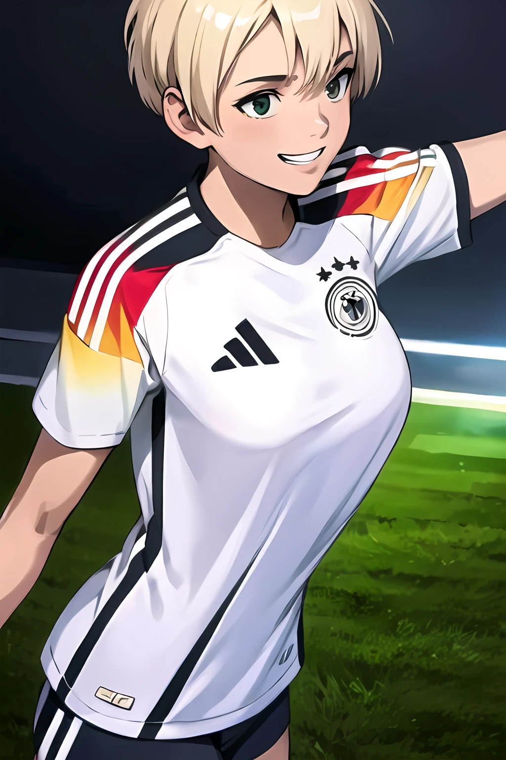 <lora:SC-G3R_Shirt_2024:1>, g3rm4ny, soccer uniform, sportswear, shirt, short sleeves, shorts, upper body, 1girl, short hair, blonde hair, smile, soccer stadium, green field, massive breasts, (extremely detailed CG unity 8k wallpaper), (best quality), (ultra-detailed), (best illustration)